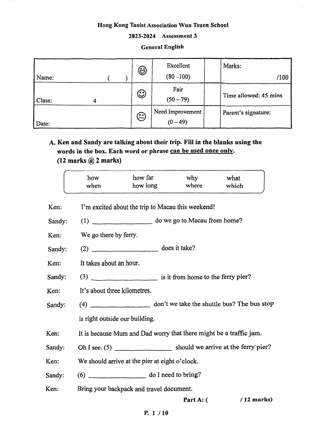Hong Kong Taoist Association Wun Tsuen School 23-24 P.4 Assessment 3